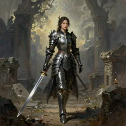 woman in dark princess dragon armor, she is holding a katana sword, walking on the mystical ancient ruins. by william henry hunt