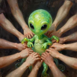 portrait of my waifu cute innocent green slimy alien creature with adorable uwu eyes, it has several human arms out stretched to grab me. painted by greg rutkowski, wlop,,