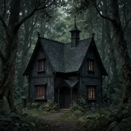 fairytale cottage in mysterious woods, dark and gothic, full frame, art by edward gorey and kay nielsen, black and white engraving, vector, vector art
