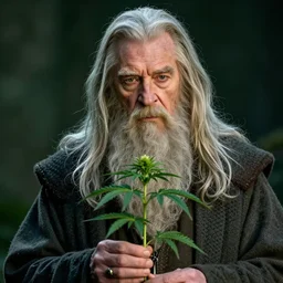 Ian McKellen as gandalf holding a marijuana plant, photorealistic, detailed face, cinematic