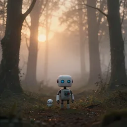 little cute robot in foggy woods, sundown, moody, by simon stalenhag, greg rutkowsky, artgerm