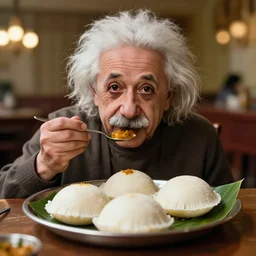 A photo of Albert Einstein eating a plate of Idli and Sambar, highly detailed, trending on artstation, bokeh, 90mm, f/1.4
