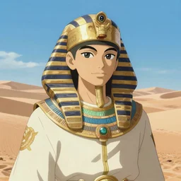 Beautiful anime portrait of Haku from Spirited away as a rich egyptian prince in the desert by WLOP, highly detailed, intricate, trending on ArtStation