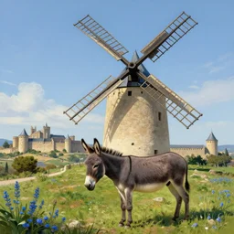 very long shot of a magnificent windmill, wild beautiful Donkey, spots of blue flowers nearby, medieval french landscape, Carcassonne, city of carcassonne in the background by Stanley Artgerm Lau, WLOP, Rossdraws, frank frazetta, Andrei Riabovitchev, Marc Simonetti, tranding on artstation