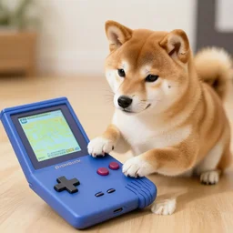a cat shiba inu playing a gameboy