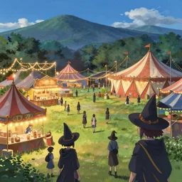 close - up of student witches exploring and patrolling around a small carnival amusement, food stalls, big top circus tent, roaming entertainers, flashing lights, highly detailed, magical, japan mountains, digital painting, concept art, matte, art by ruan jia and wlop and greg rutkowski and makoto shinkai, masterpiece