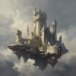 a beautiful matte painting of a flying science fiction castle simon stalenhag and jakub rozalski and alan bean, trending on artstation, realistic rendering