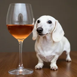 white sausage dog with a big beautiful glass of wine