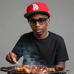 a photograph of a young ghostface killah with wayfarer glasses and red baseball cap having a barbecue, by floro dery, shoji kawamori, and greg rutkowski, artstation, concept art, high quality illustration, mtmte, cover art