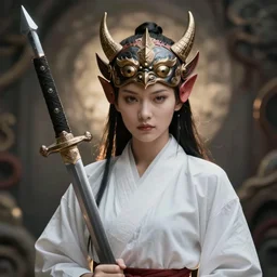 hyper realistic photo of postapocalyptic indonesian death cult monk cyborg girl with indonesian demon mask, sword and shield, robot familiar, full body, cinematic, artstation, cgsociety, greg rutkowski, james gurney, mignola, craig mullins, brom