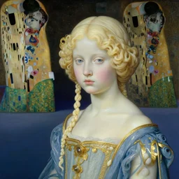 close up of an ivory girl in a blue and gold haunted liminal abandoned room, film still by edward hopper, by Pontormo, by klimt, pre-raphaelite. art noveau, art noveau, highly detailed, strong lights, liminal, eerie, Bright pastel colors