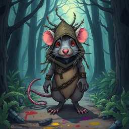 shamanistic anthropomorphic druid rat, wearing infested tattered hood, on otherworldly forest path, pixiv fanbox, dramatic lighting, maximalist pastel color palette, splatter paint, pixar and disney concept, graphic novel by fiona and dustin nguyen, peter elson, alan bean, wangechi mutu, clean cel shaded vector art, on artstation