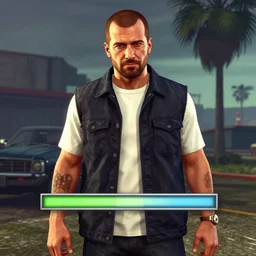 a still of James Ferraro as a GTA V character in the menu loading screen, art by Stephen Bliss