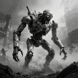 giants creepy robot, battlefield, beksinski, horror, creepy, fog, volume light, black and white high resolution, 8 k, highly detailed, digital painting, astrophotography, processing, extremely hyperdetailed
