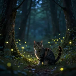 a cat in a forest at night with fireflies, backlighting, trending on artstation, night lighting, cgi, bokeh, dreamy