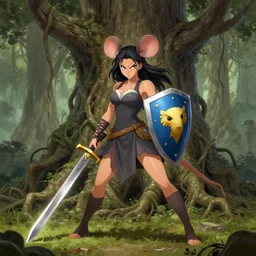 mouse girl with sword and shield, fury female, tall root tree background, concept art, by ilya kuvshinov, greg rutkovski