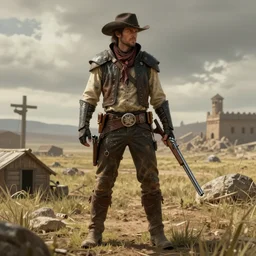 full body character portrait of a post - apocalyptic gunslinger / knight in the style of high fantasy art in the style of wild west art trending on artstation deviantart pinterest detailed realistic hd 8 k high resolution