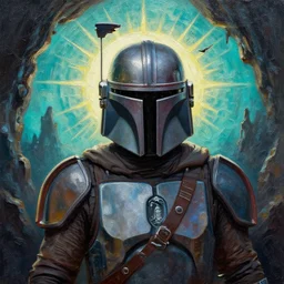 textured full body close up of mandalorian with backlight , sun rays , small bird sihouettes  , atomic bomb explosion in cyan background , very textured detailed  panoramic oil painting by beksinski , hard backlight , in dark cave