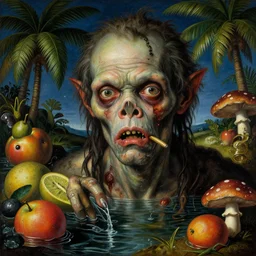 a baroque close - up portrait painting of a tropical zombie. water, colorful fruit, tropical palm trees, and mushrooms. surrealism. night background. highly detailed science - fiction fantasy painting by norman rockwell, moebius, frank frazetta, syd mead, and stanislaw fernandes. rich colors, high contrast. renaissance masterpiece. artstation