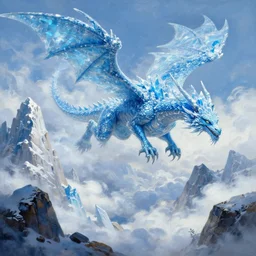 A highly detailed fantasy concept art matte oil painting by Greg Rutkowski and Thomas Kinkade of a huge ancient ice dragon with lots of crystal blue scales, flying through the clouds over some tall snowy and icy mountains with lots of rocks