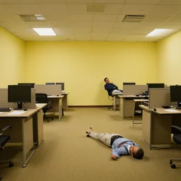 dominican president hipolito mejia lost in the liminal space of the pale yellow backrooms, carpeted floor, empty offices with large spaces photography