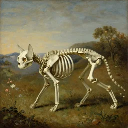 a painting of a cat's skeleton walking around a field, in the style of bubonic plague paintings.