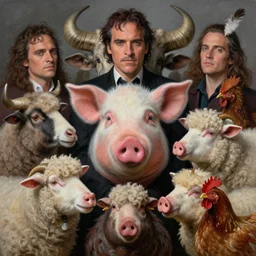a hyper detailed painting of joaquin phoenix surrounded by animals, cow horns, pig nose, sheep wool, chicken feather, horror, by anna podedworna, by miklos ligeti, by diego maricato, by taran fiddler, by antonino truisi, by chris reddie, by jinsung lim, trending on artstation