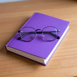a purple book on the top of a wood desk with a circular glasses on the top of the book, good lighting, realistic, 4k HDR