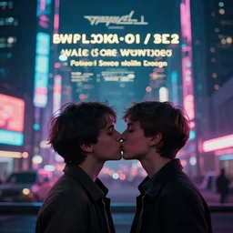 two boys kissing in front of a cyberpunk city, neon lights, bokeh, award wining photograph, movie still,