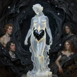 Beautiful full-body wax sculpture of glowing transparent woman with visible bones and black shattered heart covered with melted white candle wax inside the singularity where stars becoming folds of black matter by Michelangelo da Caravaggio, Nicola Samori, William Blake, Alex Grey and Beksinski, dramatic volumetric lighting, highly detailed oil painting, 8k, masterpiece