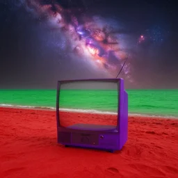 purple television, red sand beach, green ocean, nebula sunset