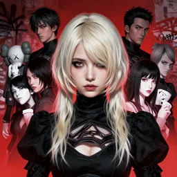 highly detailed portrait of a moody post - cyberpunk wavy blonde haired pretty young lady, by atey ghaila, james gilleard, by joe fenton, by greg rutkowski, by greg tocchini, by kaws, by kate beaton, by kaethe butcher, 4 k resolution, nier : automata inspired, bravely default inspired, gradient red, black and white color scheme!!! ( ( graffiti tag wall background ) )