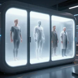 epic professional digital art of standing futuristic slim cryogenic chambers with frosted windows and outline of floating upright patients inside, hamish frater, jim burns, wayne barlowe, unreal engine 6 maya render, octane, hd, 4 k
