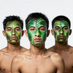 primitive men whose faces are covered by green snake scales