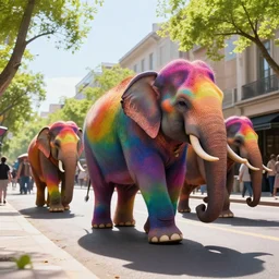 low angle wide shot, street scene, rainbow elephants walking on the street, volumetric lighting, beautiful, day time, spring, sunny weather, sharp focus, highly detailed, photorealistic, 4 0 0 0 k, f 1. 4, cgsociety
