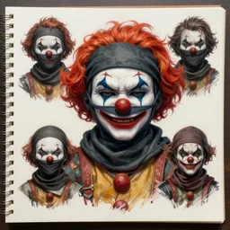 asset sheet, material study, ( chibi caricature ) ninja clowns by mark ryden