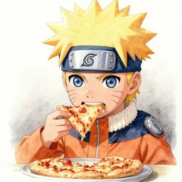official chibi Naruto eating a pizza,,high definition, 4k, HDR, pencil drawing, eating, munching pizza, watercolor, dramatic lighting, cinematic, extremly high detail, cinematic lighting, trending in artstation, intricate line drawings, Artgerm, post processed, artstation, matte painting, Chibi Naruto biting into a pizza