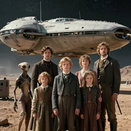 sharp, 8k film still from a sci fi blockbuster color movie made in 2022, set in 1860, of a family standing in front of a spaceship that has just landed on an alien planet, a humanoid alien creature stands nearby, the family are all wearing 1850s era clothes, cinematic lighting, cinematic camera, clear human faces, extremely good lighting, good photography, winner of seven oscars