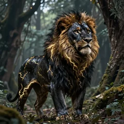 beautiful black lion with gold lightnings on the body and fur surrounded by ancient forest, low angle, hd, sharp focus, hyperdetailed, artstation, cgsociety, 8k, illustration, by raphael lacoste and magali villeneuve