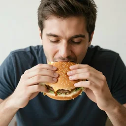 man eating a hamburger