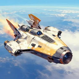 human combat spaceship from the side concept art colorful