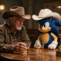 willie nelson drinking whiskey together at a wooden table with sonic the hedgehog in a vest wearing a cowboy hat, cinematic lighting, imax photography 4 k