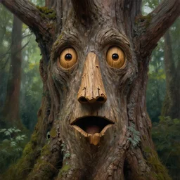 a talking tree, a face in the bark, nose made of wood, mouth in the bark, eyes in the bark, fantasy concept art, digital oil painting, hyperrealistic, treebeard, ent, magical, highly detailed, artstation, cgsociety, in the forest, by alan lee, by artgerm