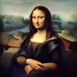 a portrait of a brunette woman painted in italian renaissance chiaroscuro style. the woman in the painting is shown seated with her hands folded in her lap. she is wearing a simple dress with a pattern of flowers. brunette. her black slightly curly long hair is pulled back from her face and she has a small, faint smile. the background of the painting is a landscape of rolling hills and mountains. the sky is a light blue, and there are small clouds in the distance.