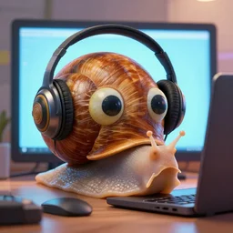snail with headset on its eyes behind pc, highly detailed, trending artstation,