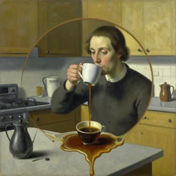 a painting of a person drinking 1 0 cups of coffee into a droste effect, harsh monday mood in a kitchen that is slowly melting, styled and painted by edward hopper and magritte