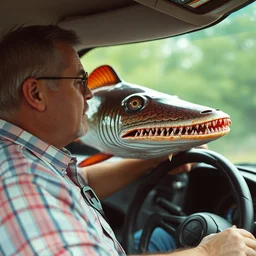 man with a catfish head driving a mech, colorful, grain filter