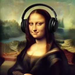 negative no not no not mona lisa wearing headphones on her head over her ears