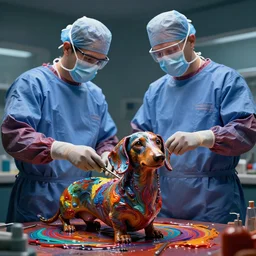 Surgeons of the Damned, Dachshund made of swirling paint, skaab wrangler, cinematic, hyper realism, high detail, octane render, unreal engine, 8k, vibrant color, by dom qwek and andrea chiampo