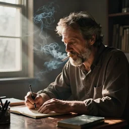 middle-aged writer with a beard sitting at his desk writing and smoking a cigarette, digital art, dramatic lighting